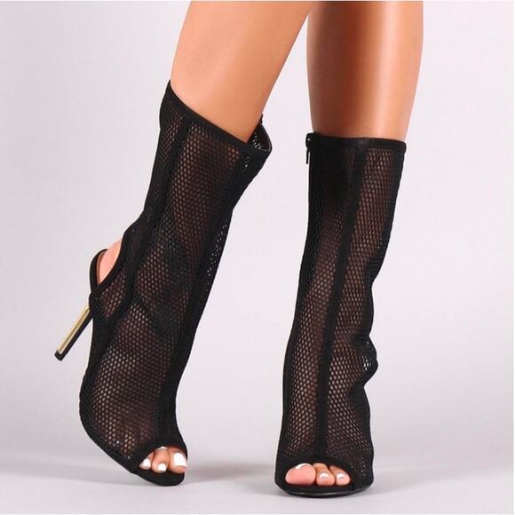 Black Mesh Mid Calf Peep Toe Stiletto Boots with Side Zipper, Size 7.5, NWB - Picture 2 of 8